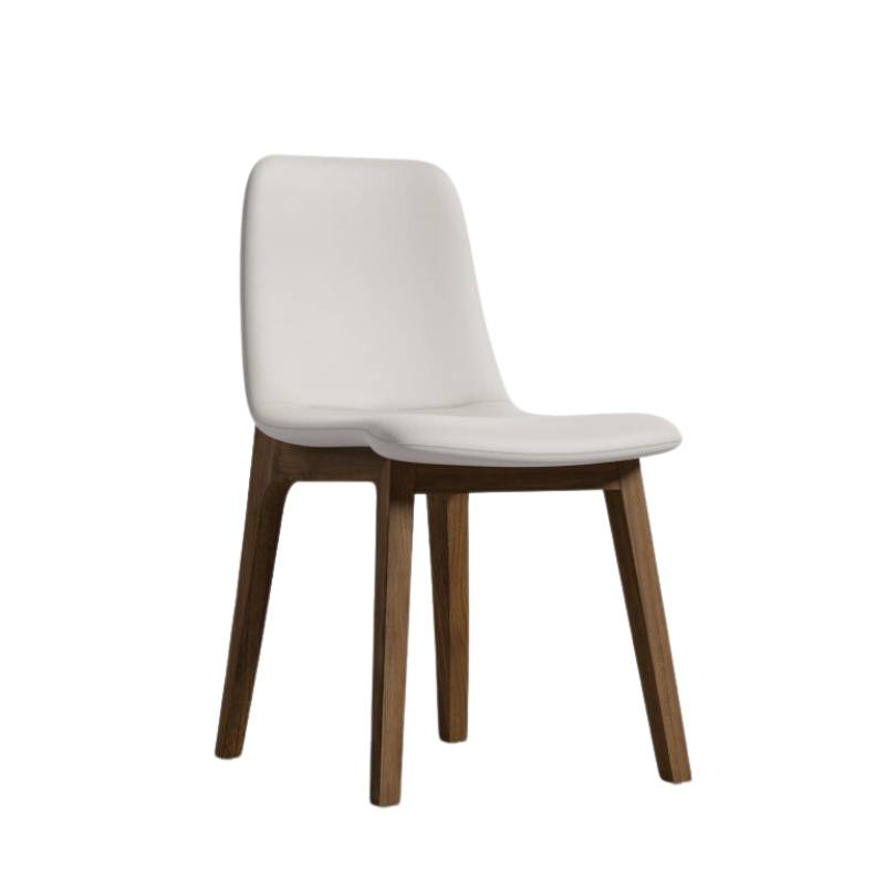 Angled Side View of The Aubrey Side Chair in Trento Taupe Fabric and Walnut Wood Finish