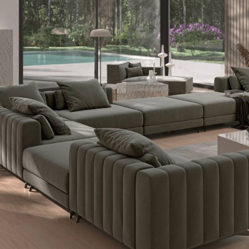 Rear View of The Berlin Modular Sectional in Moonstone Fabric and Color Near Window Facing Backyard