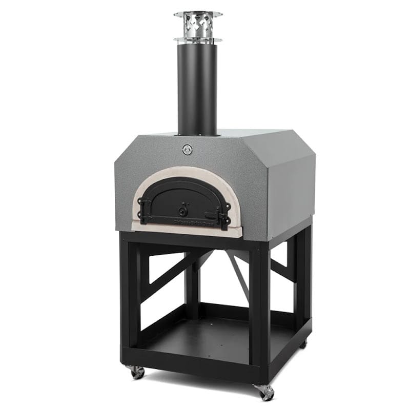 Chicago Brick Oven CBO-750 Mobile Wood Fired Pizza Oven Angled In Silver With Closed Door