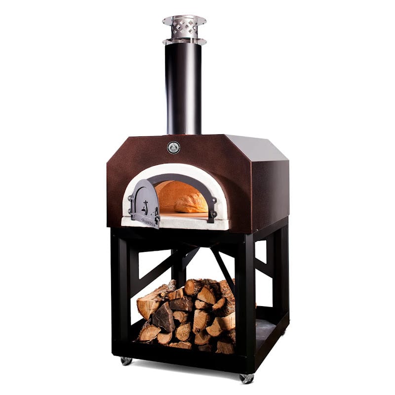 Chicago Brick Oven CBO-750 Mobile Wood Fired Pizza Oven Angled In Copper With Open Door And Wood Storage