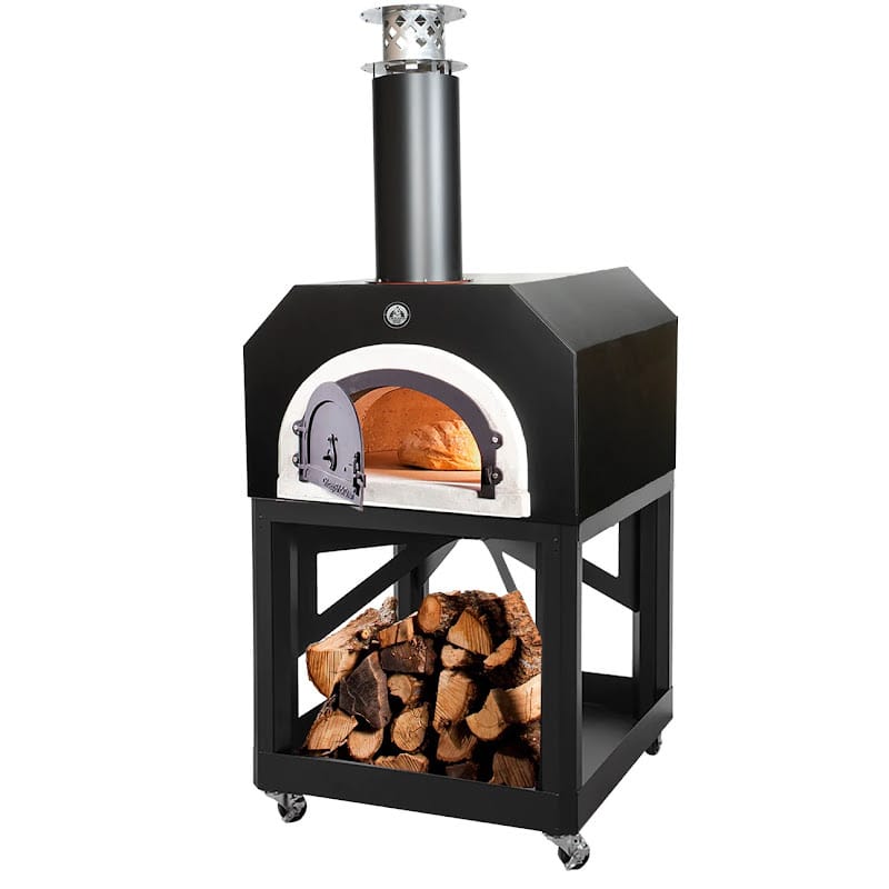 Chicago Brick Oven CBO-750 Mobile Wood Fired Pizza Oven In Black Angled With Closed Door