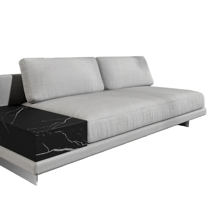 Angled View of the Dresden Outdoor Armless Sofa with Side Table in Encino Color and Black Pietra Ceramic Table