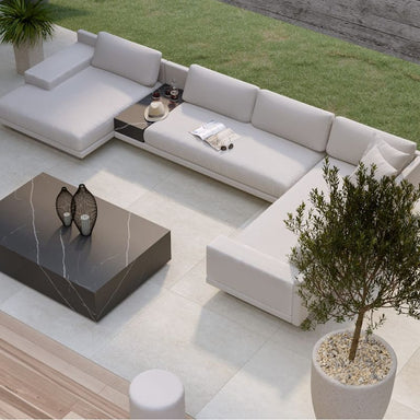 Elevated View of The Dresden Outdoor Left Chaise With Armrest In Backyard In Palisades Color