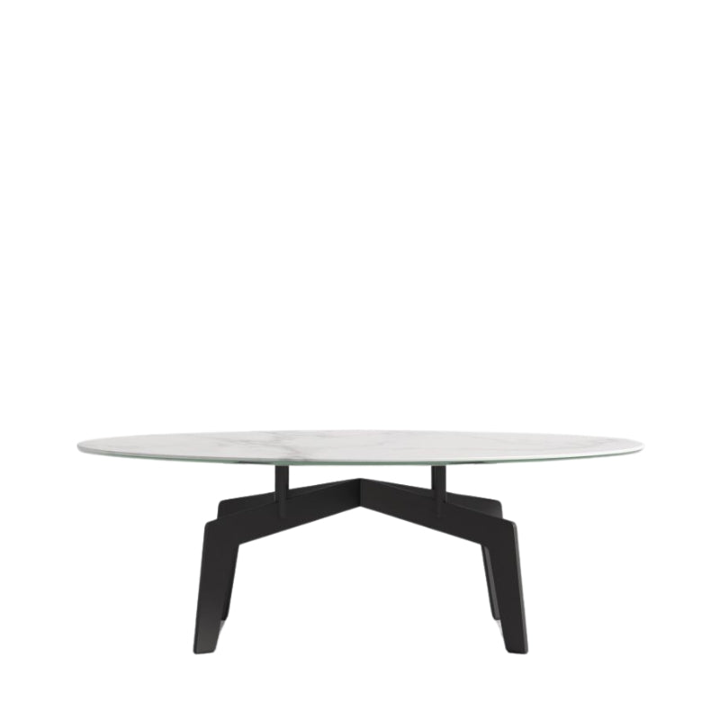 Side Facing View of The Evelyn Coffee Table - Round With a White Calacatta Ceramic Surface