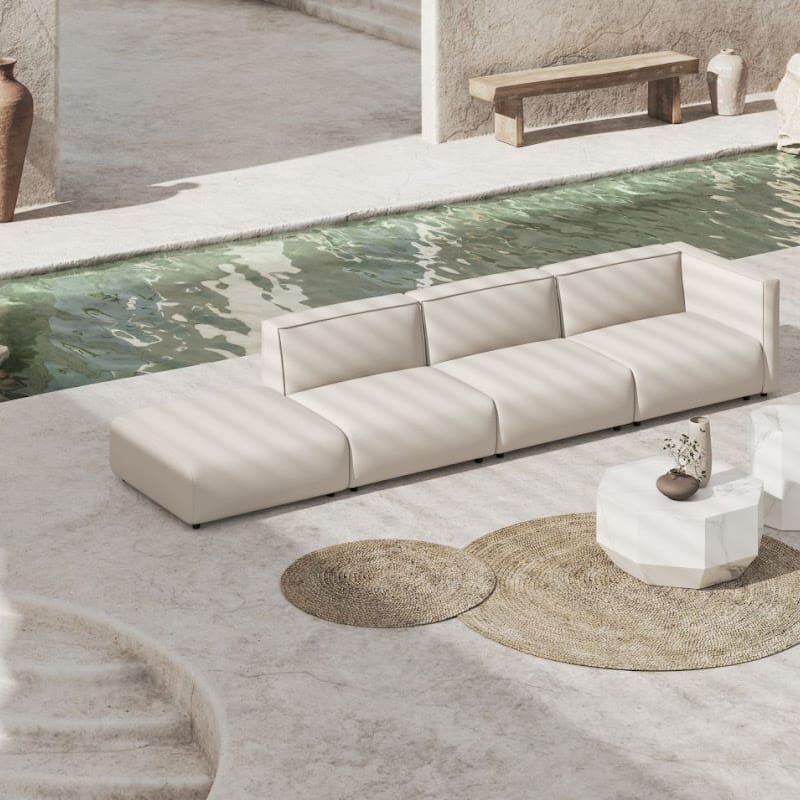 Angled Overhead View Of The Leia Coffee Table With White Calacatta Ceramic Surface Outdoor On The Patio