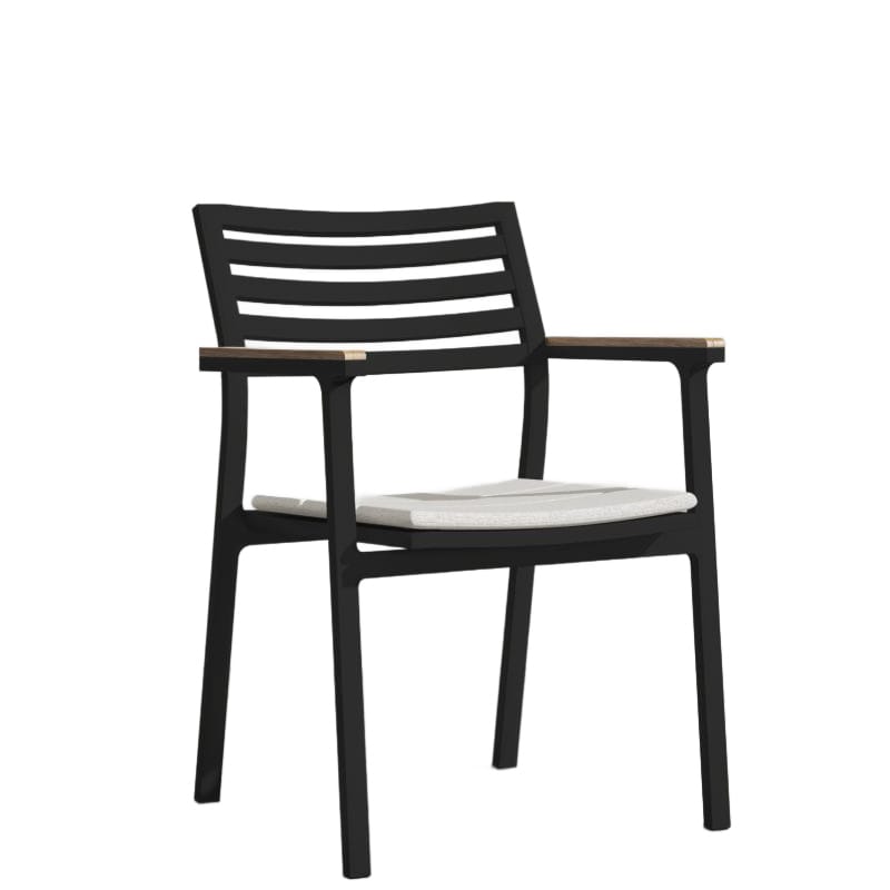 Angle View Of The Linnea Outdoor Dining Chair In Palisades Fabric With Black Frame