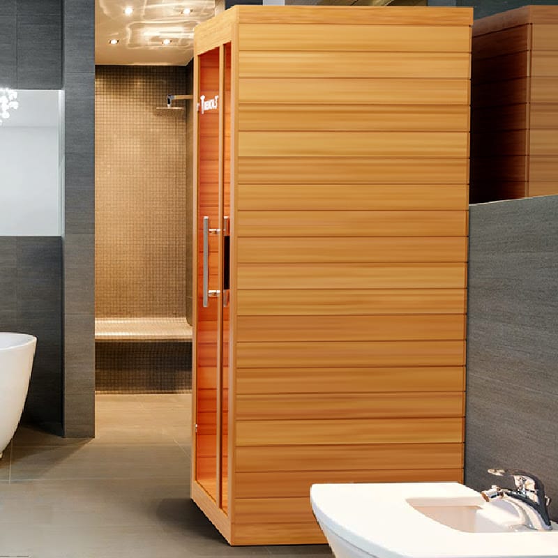 Right Side View Of The Medical 3 Infrared Sauna In a Bathroom Next To a Sink