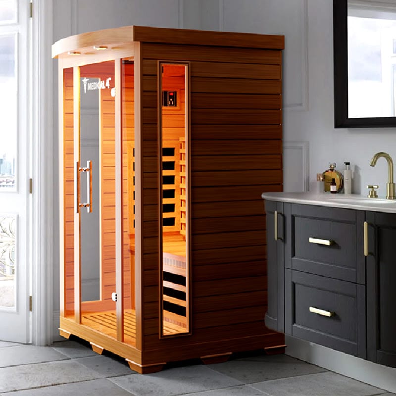 The Medical Saunas Medical 4 Full Spectrum Infrared Indoor Dry Sauna in a Bathroom Next To a Sink