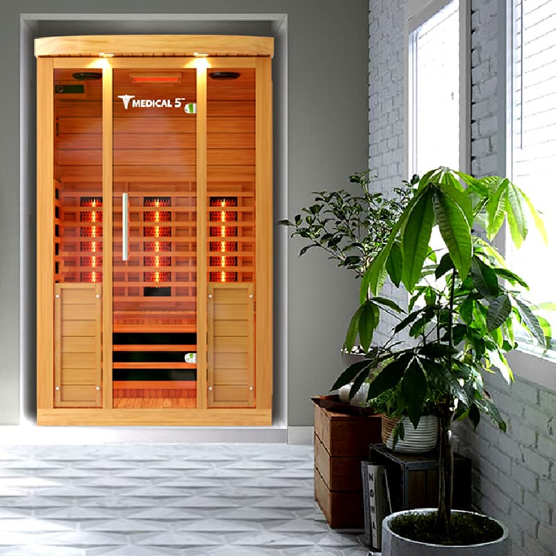 The Medical Saunas Medical 5 Full Spectrum Infrared Sauna In a Well Lighted Bathroom