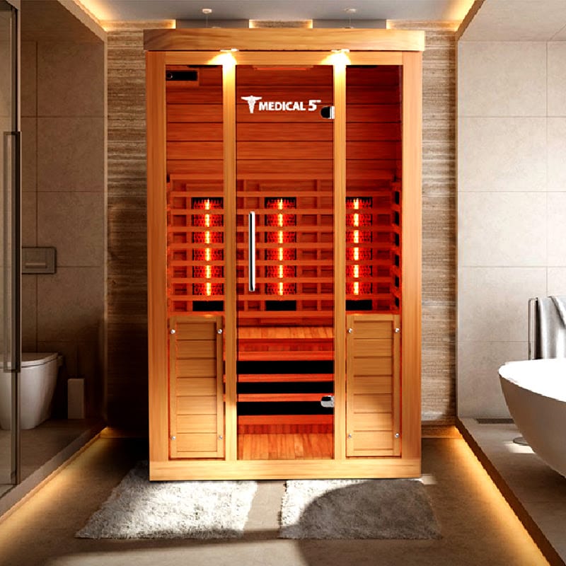 The Medical Saunas Medical 5 Full Spectrum Infrared Sauna In a Bathroom Between a Tub And Toilet