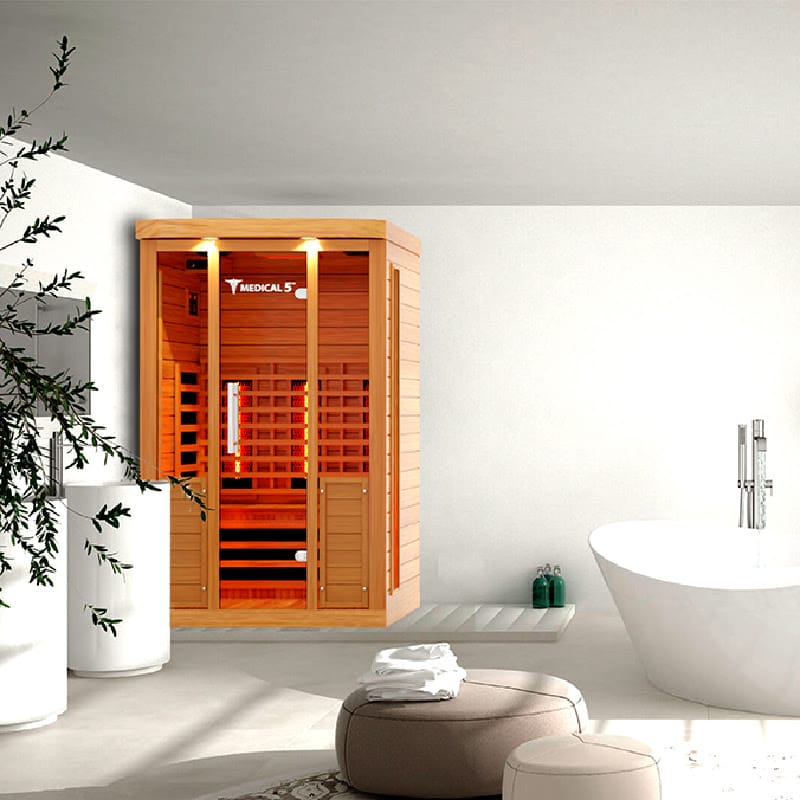 The Medical Saunas Medical 5 Full Spectrum Infrared Sauna In The Coner Of a Bathroom