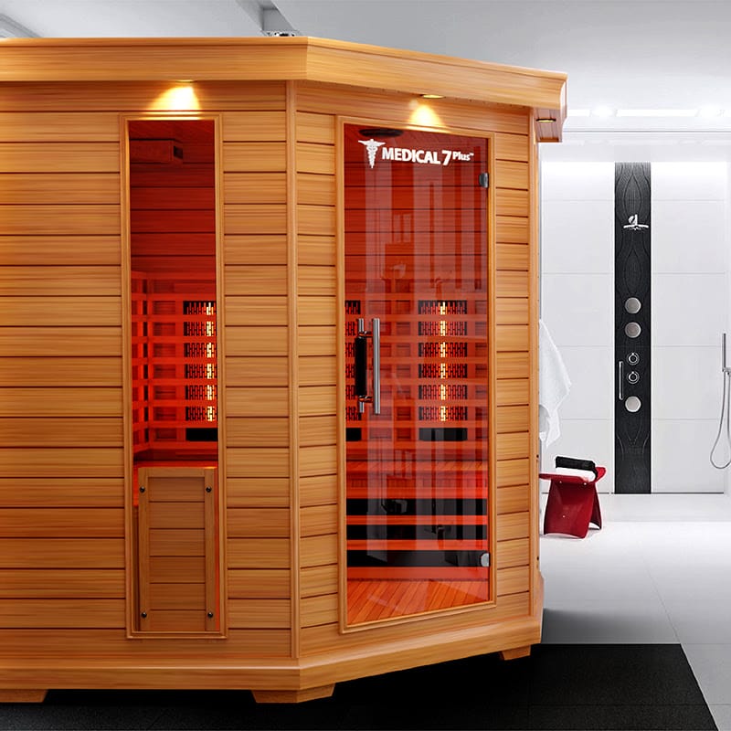 The Medical Saunas Medical 7 Full Spectrum Infrar ed Sauna In a Bathroom Next To Shower