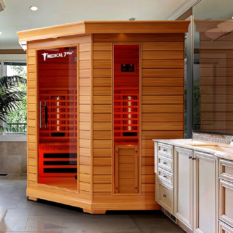 The Medical Saunas Medical 7 Full Spectrum Infrared Sauna In The Corner Of a Bathroom Next To a Vanity