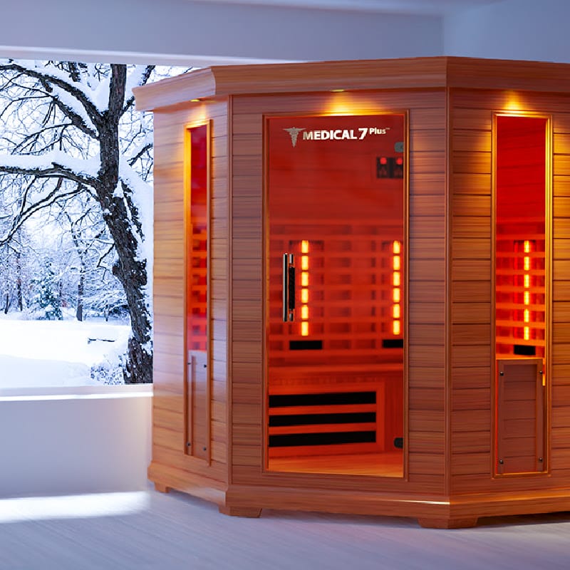 The Medical Saunas Medical 7 Full Spectrum Infrared Sauna In Front Of a Window With View Of Snow