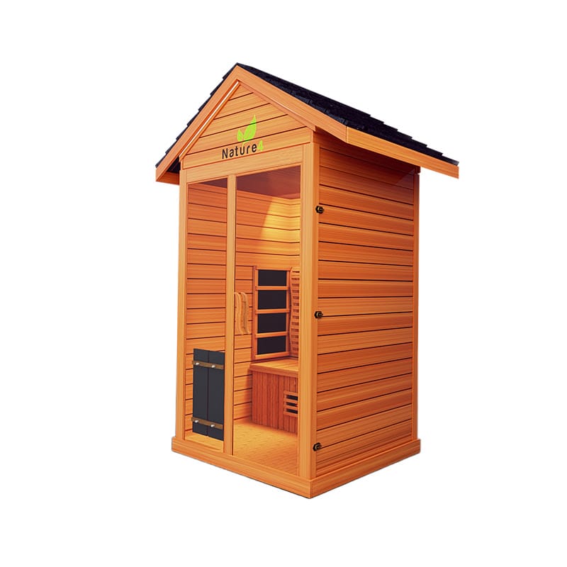 Right Angled 45 Degree View Of The Medical Saunas 1-Person Nature 4 Ultra Full Spectrum Outdoor Dry Sauna