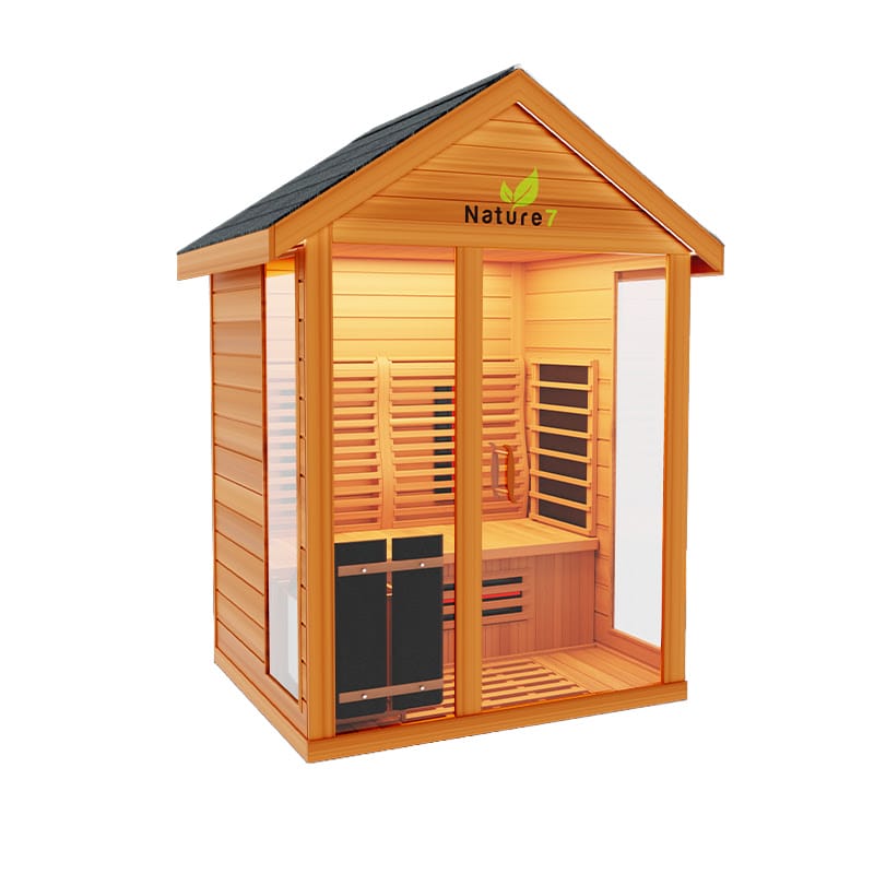 Left Angled View Of The Medical Saunas 4-Person Nature 7 Ultra Full Spectrum Outdoor Hybrid Dry And Steam Sauna