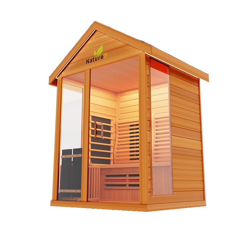 Angled Right Side View Of The Medical Saunas 4-Person Nature 7 Ultra Full Spectrum Outdoor Hybrid Dry And Steam Sauna