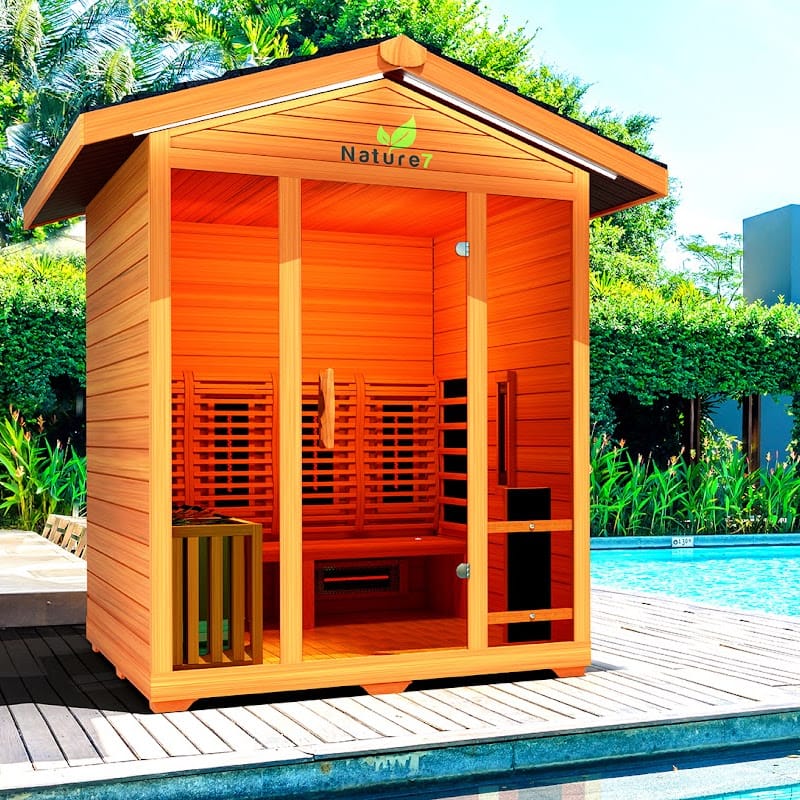 Medical Saunas 4-Person Nature 7 Ultra Full Spectrum Outdoor Hybrid Dry And Steam Sauna In Backyard Next To Pool