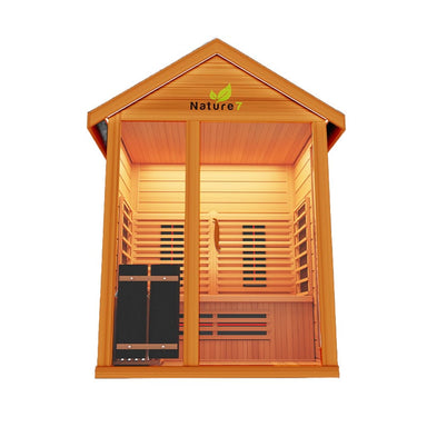 Front Facing View Of The Medical Saunas 4-Person Nature 7 Ultra Full Spectrum Outdoor Hybrid Dry And Steam Sauna