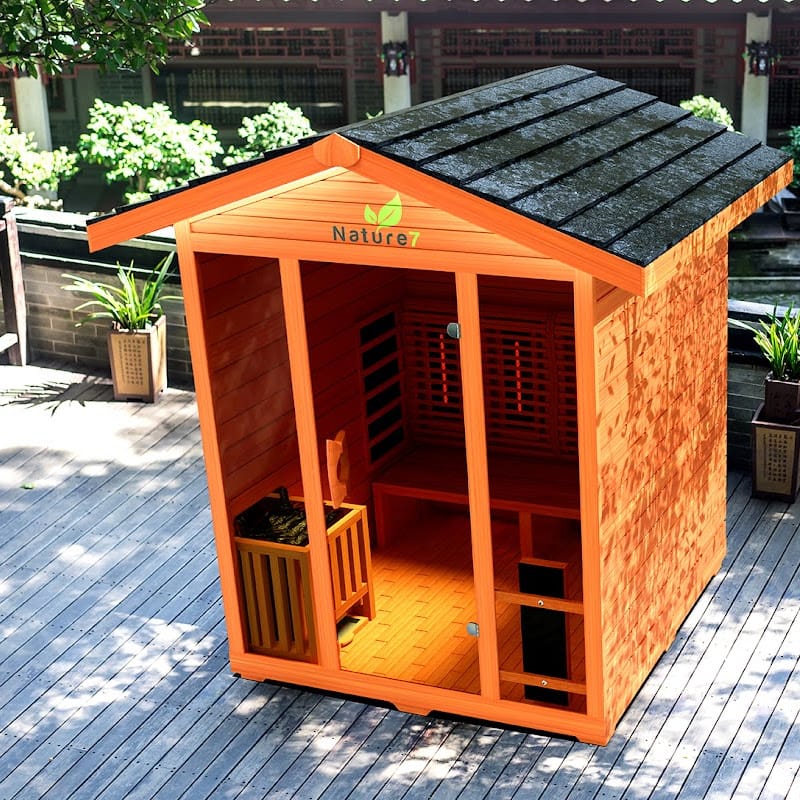 Roof Top View Of The Medical Saunas 4-Person Nature 7 Ultra Full Spectrum Outdoor Hybrid Dry And Steam Sauna On a Backyard Patio