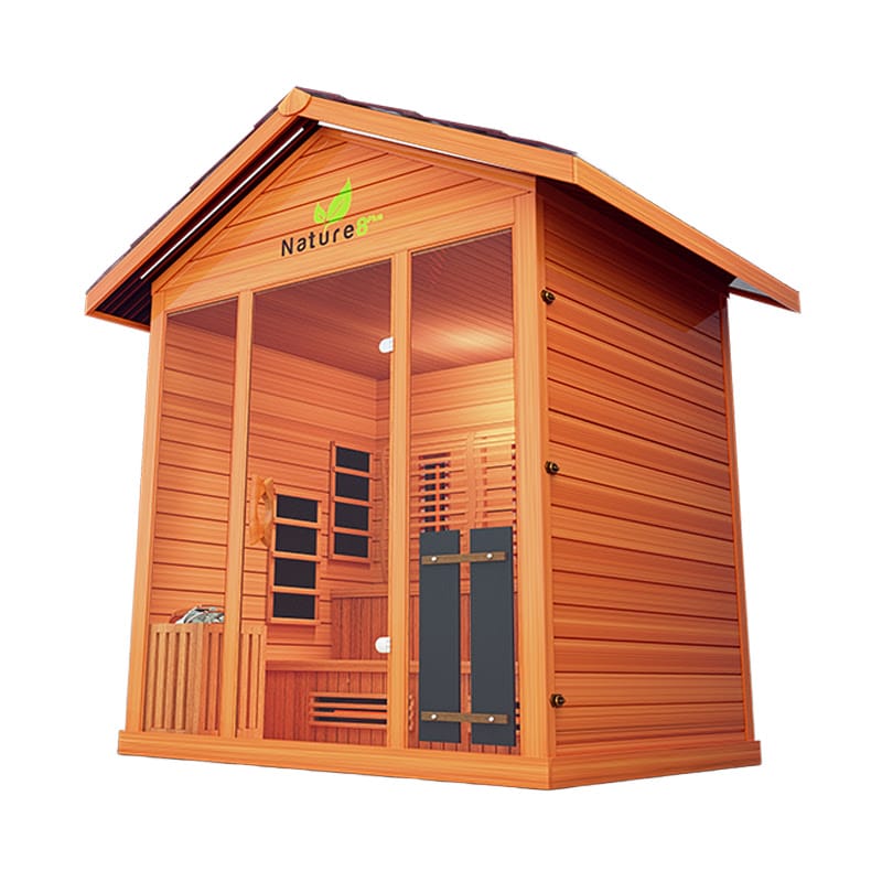 Angled Right View Of The Medical Saunas 6-Person Nature 8 Plus Ultra Full Spectrum Outdoor Hybrid Dry And Steam Sauna