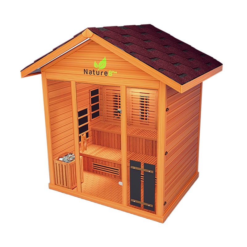 Roof Top Right Angled View Of The Medical Saunas 6-Person Nature 8 Plus Ultra Full Spectrum Outdoor Hybrid Dry And Steam Sauna