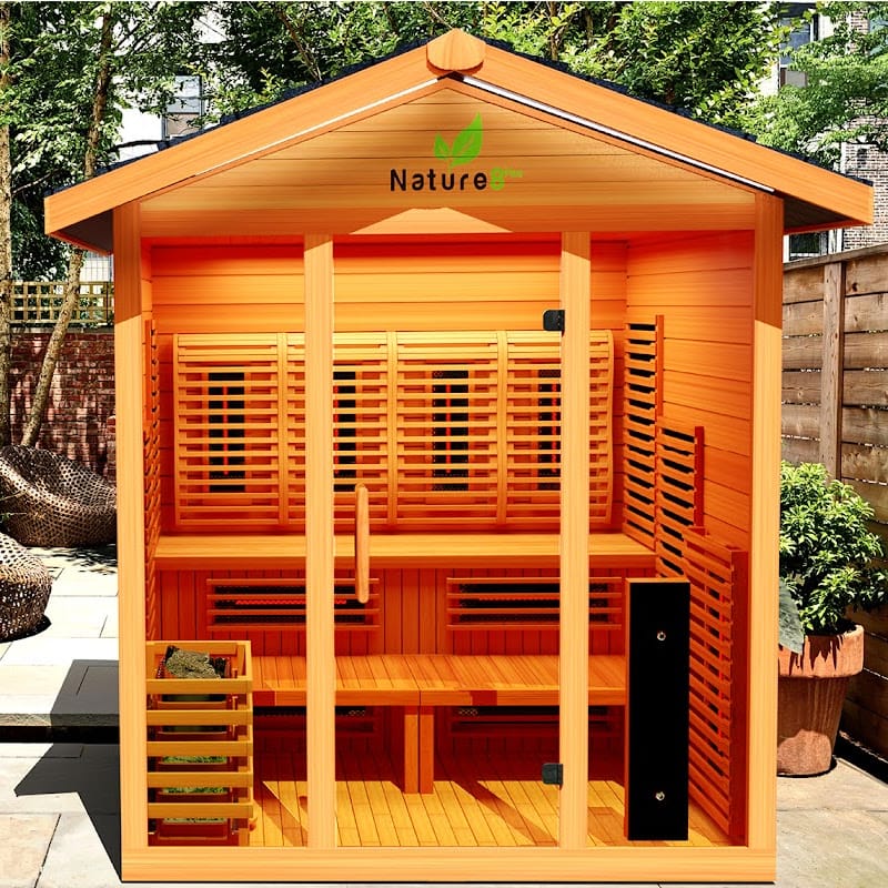 Medical Saunas 6-Person Nature 8 Plus Ultra Full Spectrum Outdoor Hybrid Dry And Steam Sauna In Backyard On Concrete Patio