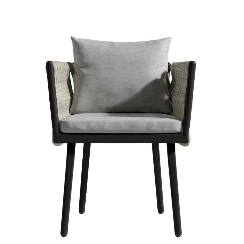 Front Facing View Of The Pierre Outdoor Dining Chair In Encino Fabric And Black Frame