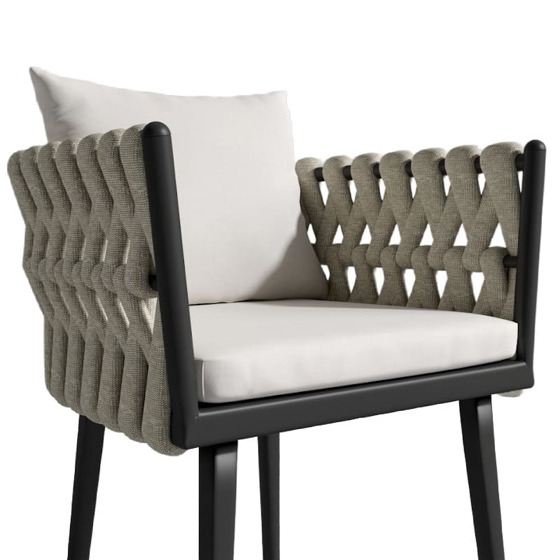 Angled Close Up View Of The Pierre Outdoor Dining Chair In Palisades Fabric And Black Frame