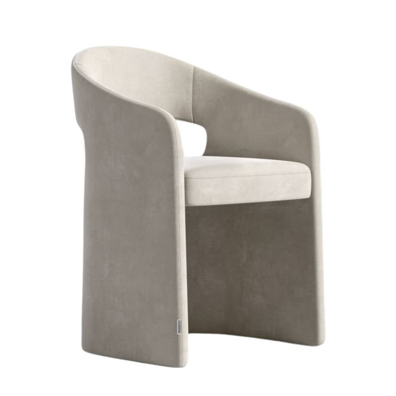 Angled Side View of The Rhea Dining Chair in Latte Fabric and Color