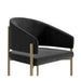 Close Up Angled Side View of The Solana Dining Chair in Black Fabric and Antique Brushed Brass Base