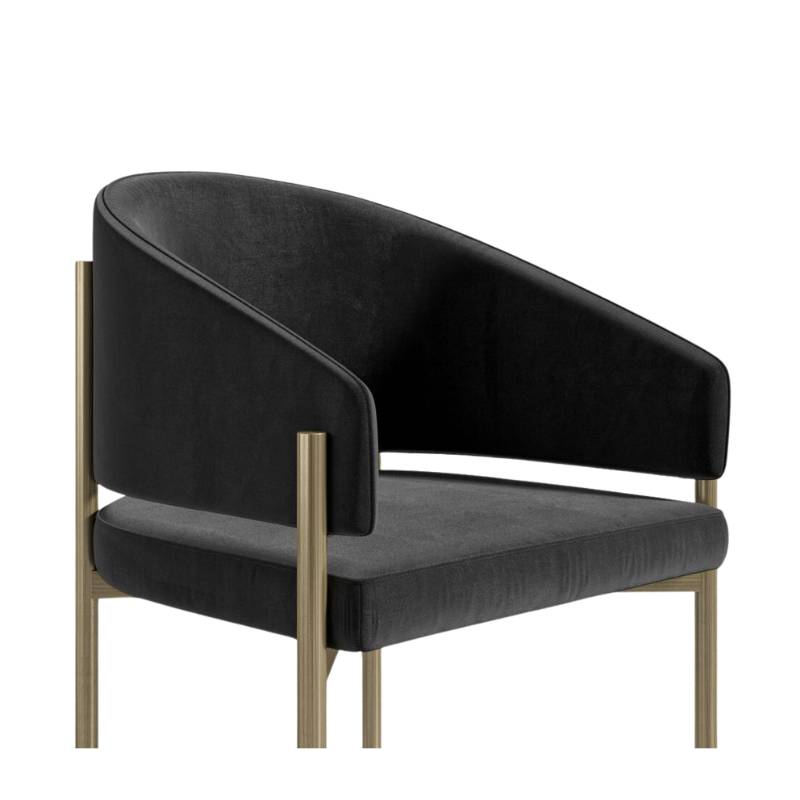 Close Up Angled Side View of The Solana Dining Chair in Black Fabric and Antique Brushed Brass Base