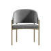 Front Facing View of The Solana Dining Chair in Glacier Grey Fabric and Antique Brushed Brass Base