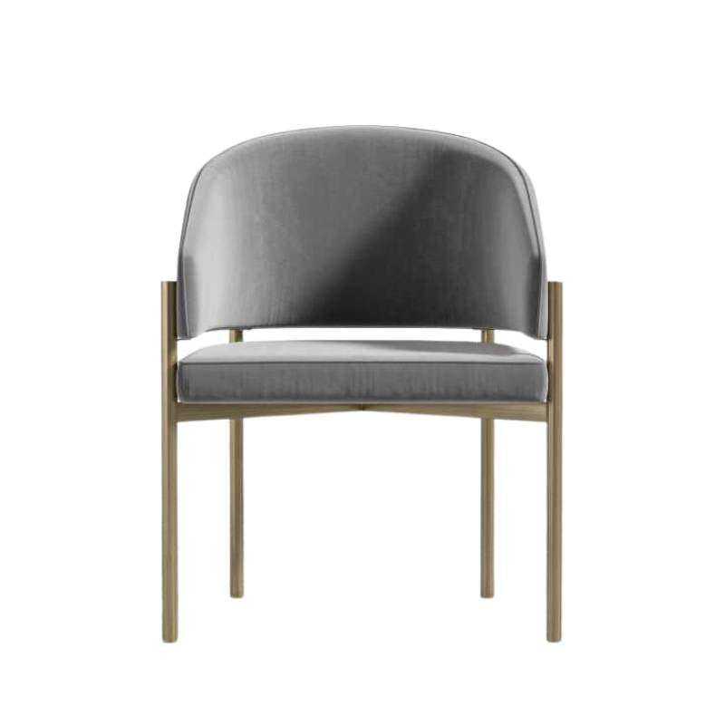 Front Facing View of The Solana Dining Chair in Glacier Grey Fabric and Antique Brushed Brass Base