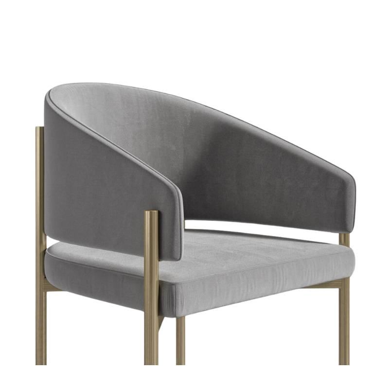 Angled Side View of The Solana Dining Chair in Glacier Grey Fabric and Antique Brushed Brass Base