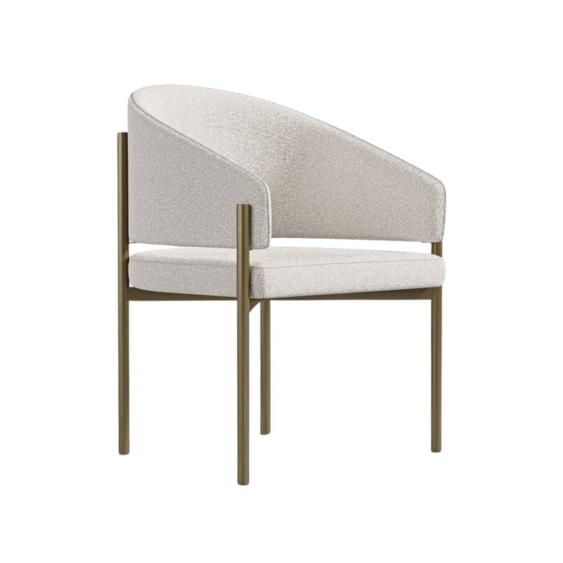 Angled Side View of The Solana Dining Chair in Pearl Fabric and Antique Brushed Brass Base