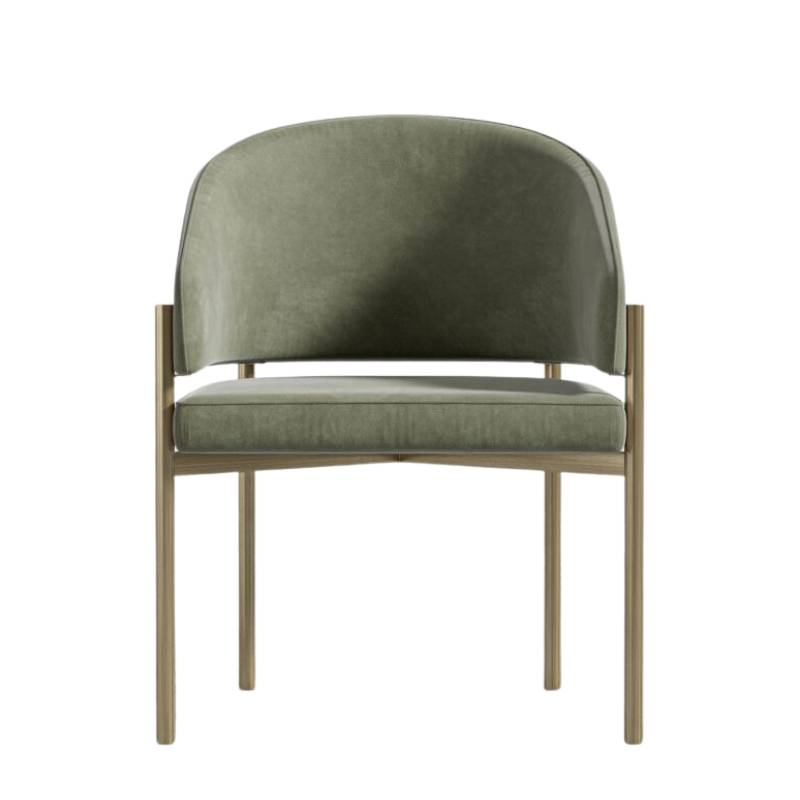 Front Facing View of The Solana Dining Chair in Sage Fabric and Antique Brushed Brass Base