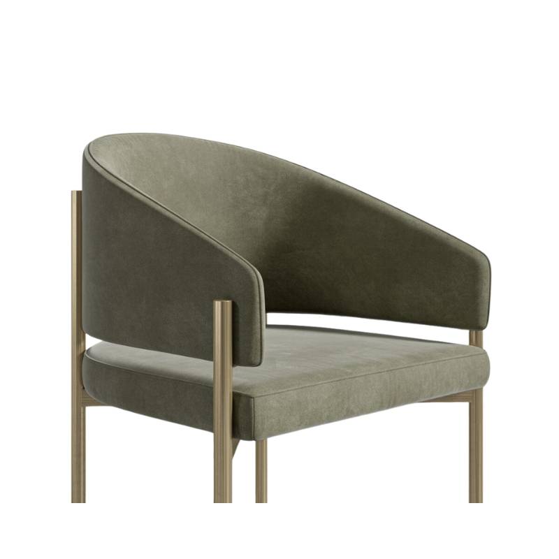 Angled Close Up View of The Solana Dining Chair in Sage Fabric and Antique Brushed Brass Base