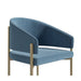 Angled Close Up Side View of The Solana Dining Chair in Solstice Fabric and Antique Brushed Brass Base