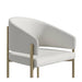 Close Up Angled Side View of The Solana Dining Chair in Trento Eggshell Fabric and Antique Brushed Brass Base