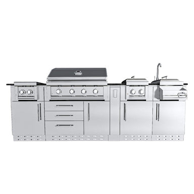 Front Facing View Of The Sunstone AUSTIN 9 Foot Outdoor Kitchen Island Grillers Delight Package