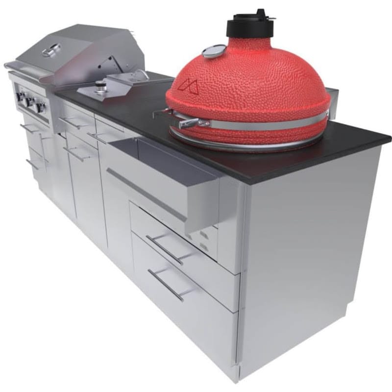 Front Right Angle of the Sunstone KAMADO 8 Foot Outdoor Kitchen Island Package With Red KAMADO