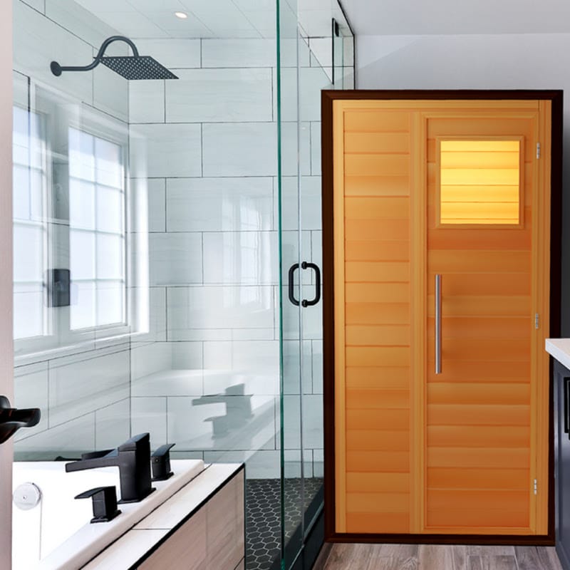 The Medical Saunas 1-Person Indoor Traditional 4 Steam Sauna In a Bathroom Next To Shower