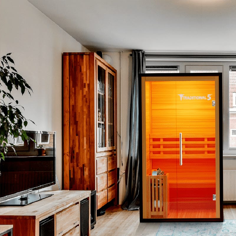 The Medical Saunas 2-Person Traditional 5 Indoor Steam Sauna In a Livingroom In Front Of Window