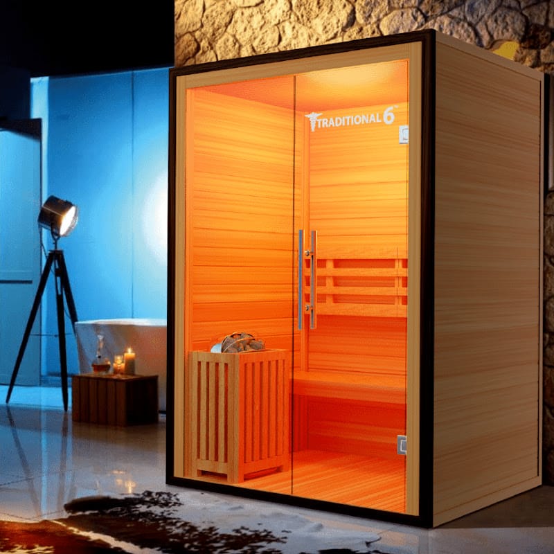 Medical Saunas 3-Person Traditional 6 Indoor Steam Sauna In Bathroom With Bathtub In Thwe Far Background