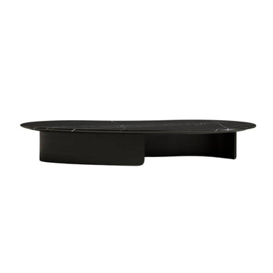 Front Facing View of The Valerian Coffee Table With Black Marble Surface and Black Oak Veneer Base