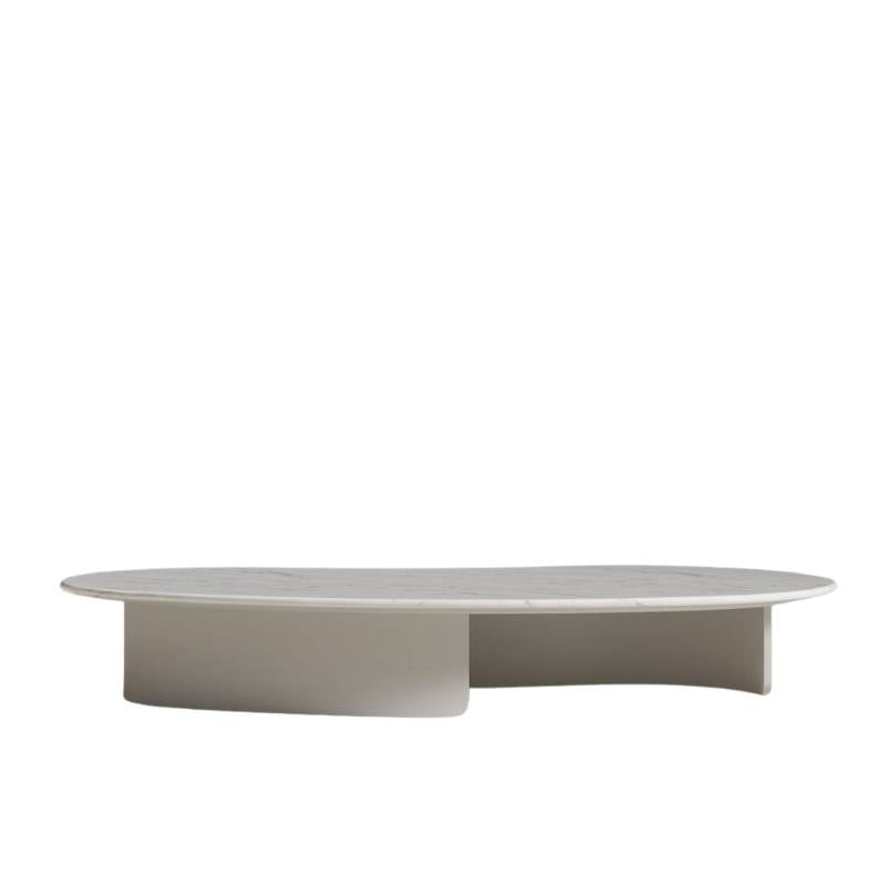 Front Facing View of The Valerian Coffee Table With White Carrara Marble Surface and White Lacquer Base