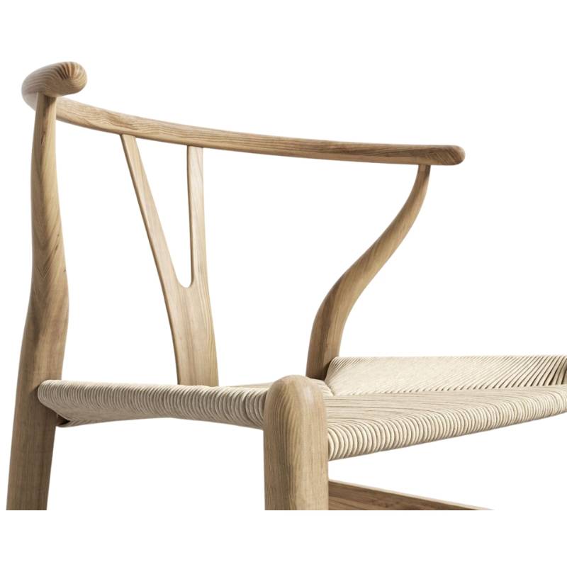 Close Up View of The Wishbone Chair in Natural Seat Cord and Natural Wood Finish