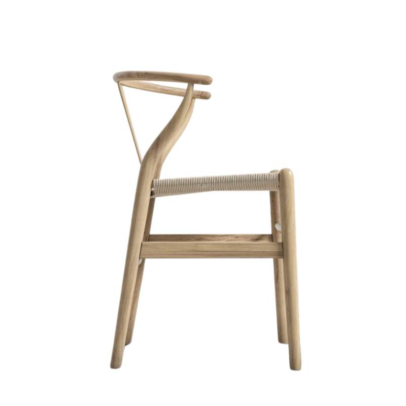 Side Facing View of The Wishbone Chair in Natural Seat Cord and Natural Wood Finish