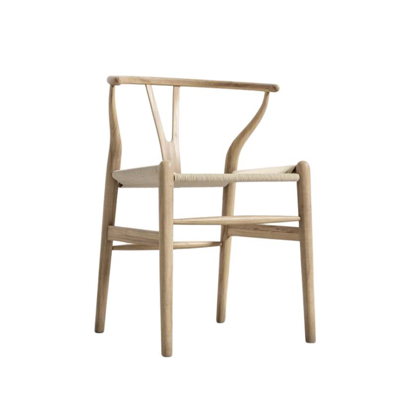 Angled Side View of The Wishbone Chair in Natural Seat Cord and Natural Wood Finish